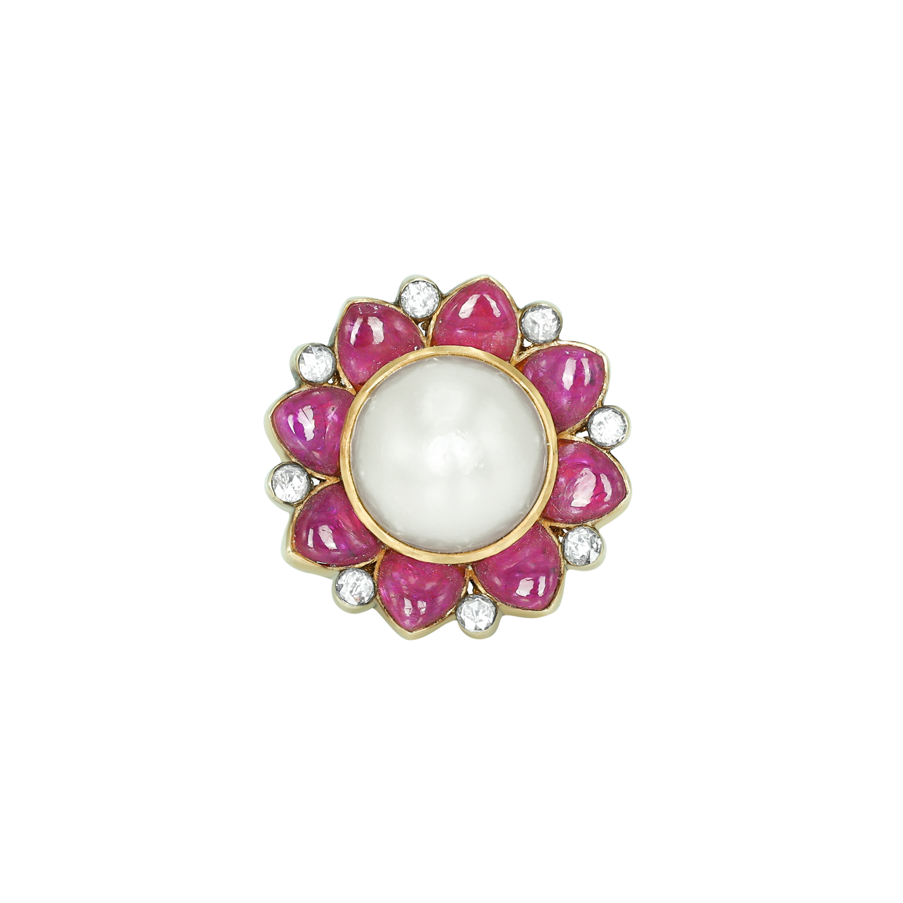Pearl Ring with Ruby Halo and Diamond Accents